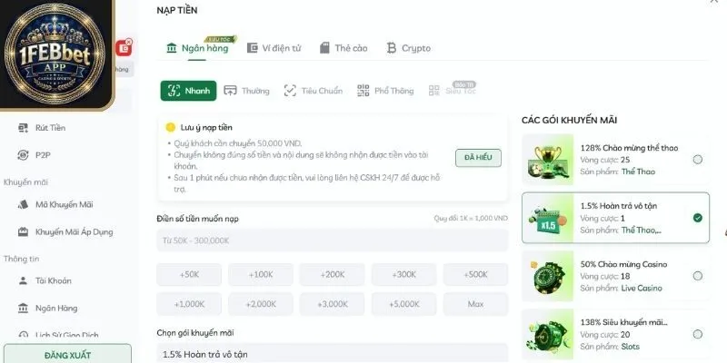 Hướng dẫn nạp tiền Febet bằng nhiều phương thức