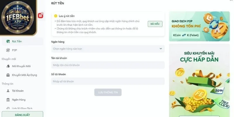 Quy trình rút tiền Febet đơn giản và tiện lợi cho bạn mới